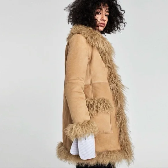 Zara NTW Women's Tan Genuine suede/ Shearling fur Coat - Picture 3 of 12